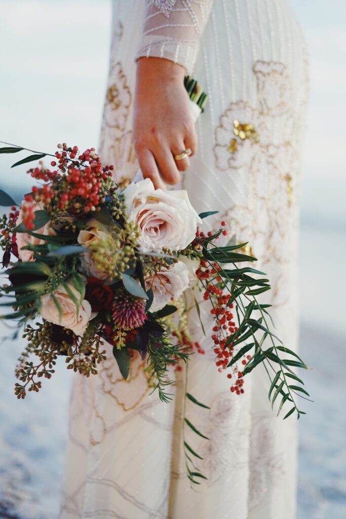 wedding dress and bouquet 